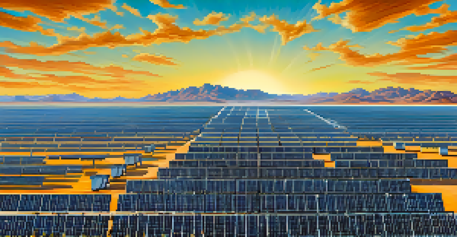 A vast solar farm in Tucson with numerous solar panels and desert vegetation.