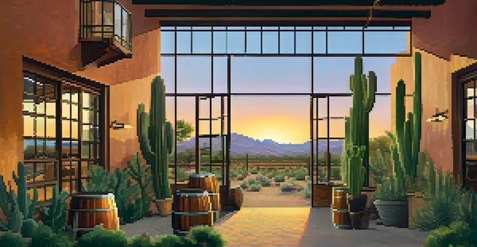 An outdoor view of a Tucson craft distillery during sunset, featuring desert plants and visitors enjoying a tasting session.