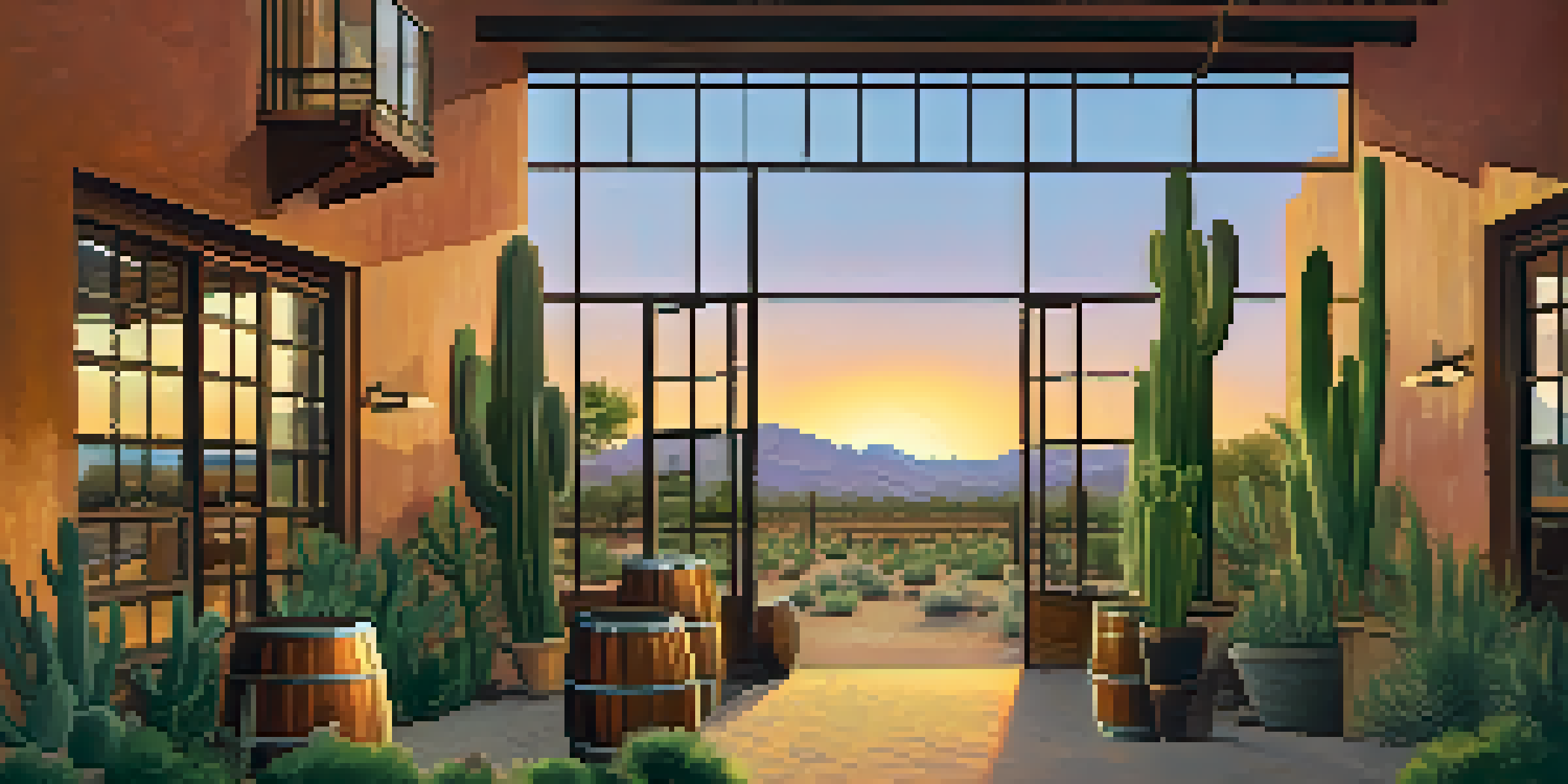 An outdoor view of a Tucson craft distillery during sunset, featuring desert plants and visitors enjoying a tasting session.