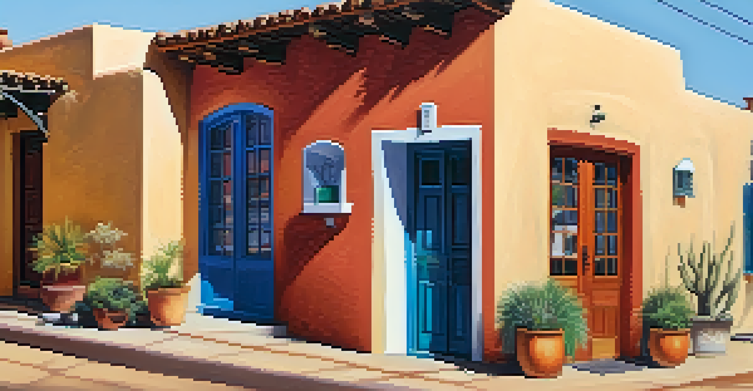 A street view of El Presidio Historic District with adobe homes, colorful doors, and local artists, bathed in warm sunlight.