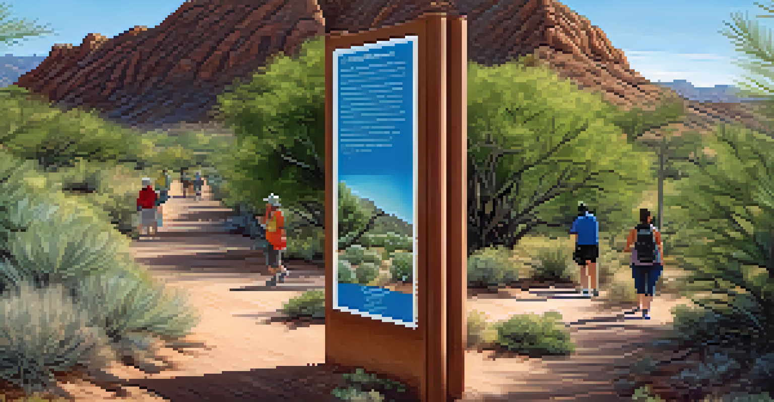 An informative trail marker on the Tucson rail trail, with people learning about local wildlife.