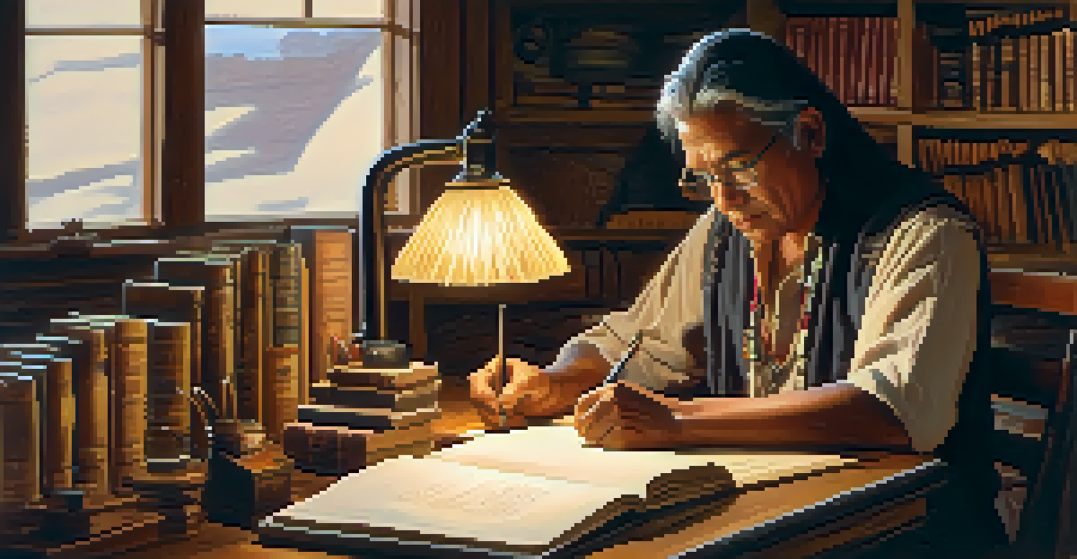 A Native American writer deeply engaged in writing at a wooden desk, surrounded by books and artifacts.