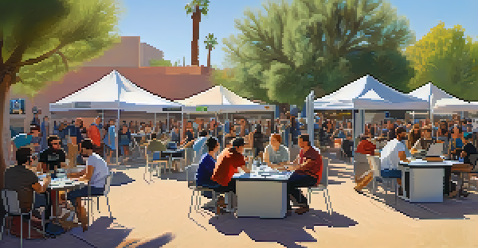 A busy tech meetup in Tucson with diverse attendees, laptops, and a digital screen showing the schedule.