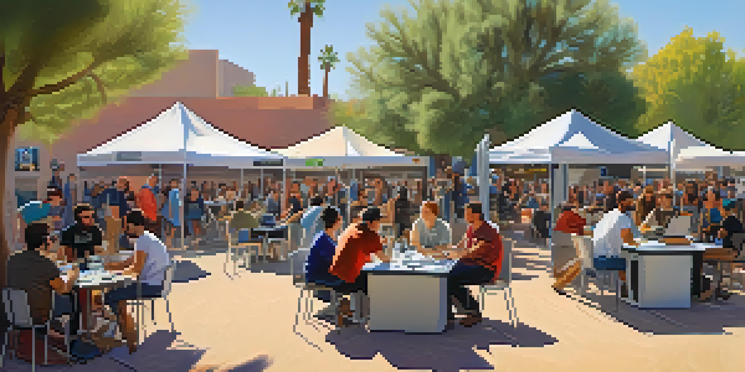 A busy tech meetup in Tucson with diverse attendees, laptops, and a digital screen showing the schedule.