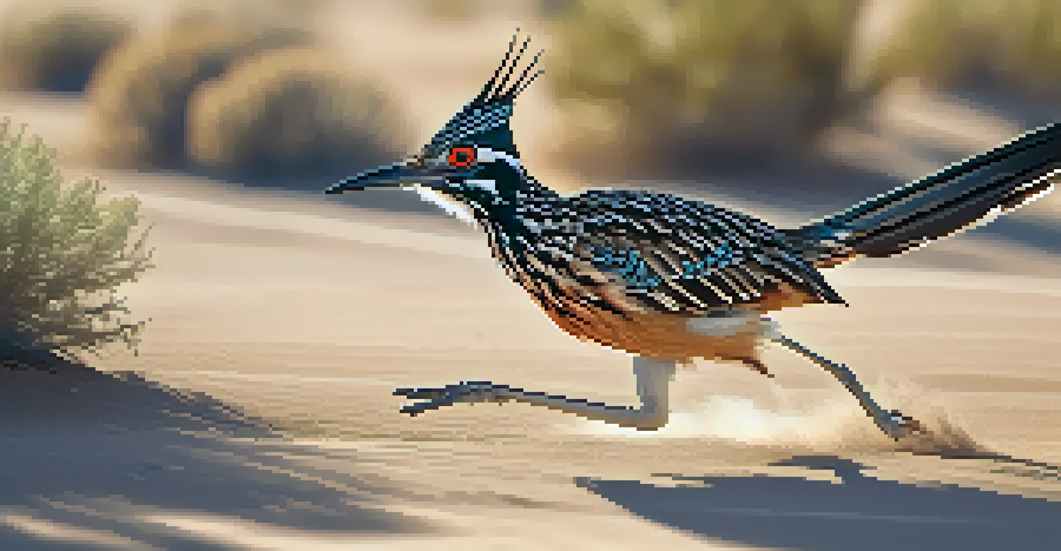 A roadrunner running across the sandy terrain of the Sonoran Desert, surrounded by cacti and desert vegetation under bright sunlight.
