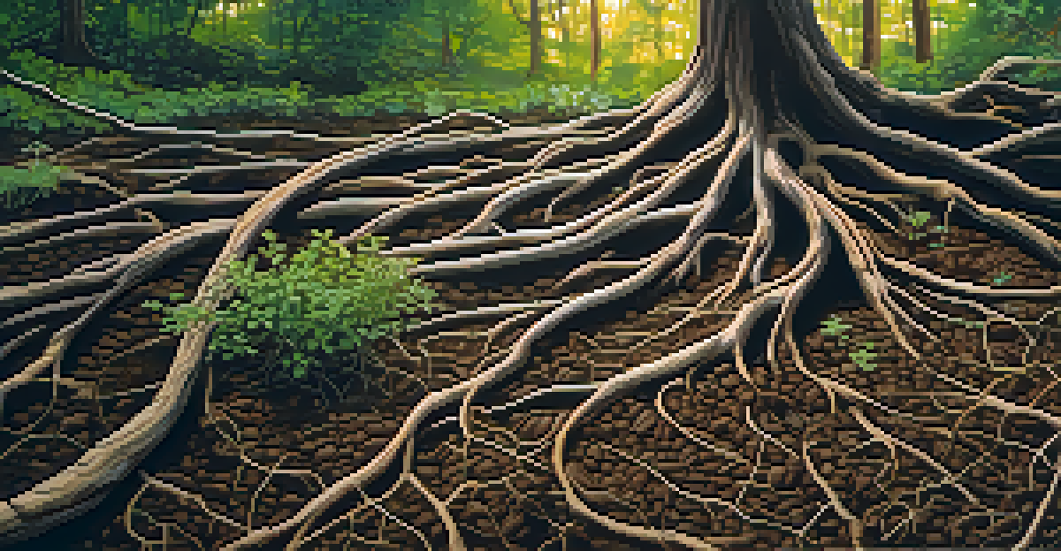 A close-up of rich, healthy soil with native plant roots visible, illuminated by sunlight filtering through the leaves above, showcasing textures and colors.