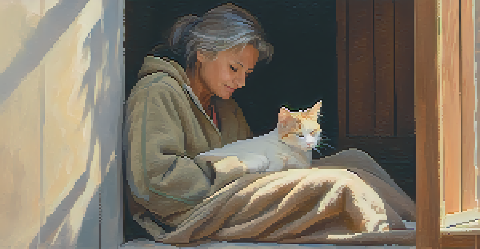 A volunteer gently comforting a shy cat in a cozy shelter corner, with soft sunlight illuminating the scene.
