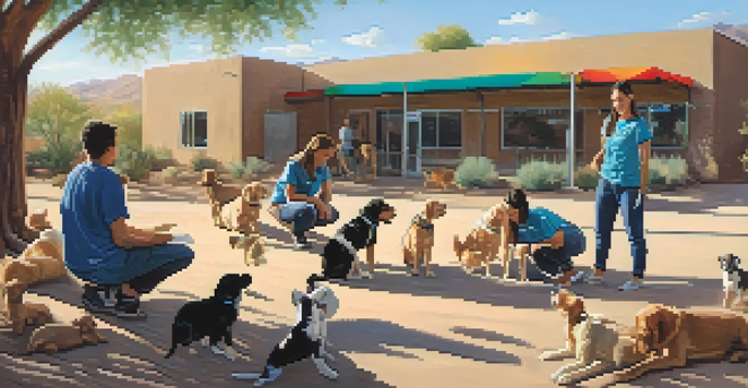 Volunteers playing with puppies at a sunny Tucson animal shelter, surrounded by trees and colorful adoption banners.