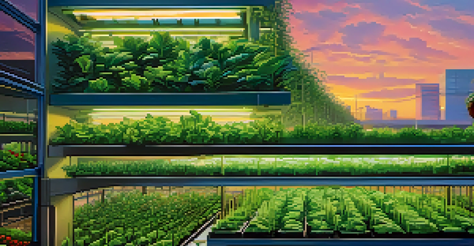 A vertical farm in an urban setting with green plants growing in layers, farmers working, and sunlight illuminating the space.
