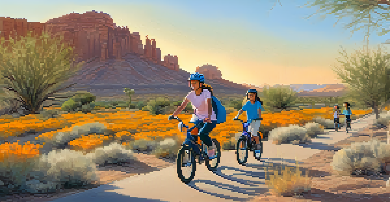 A family cycling on a paved path, with blooming desert plants and a sunset in the background.