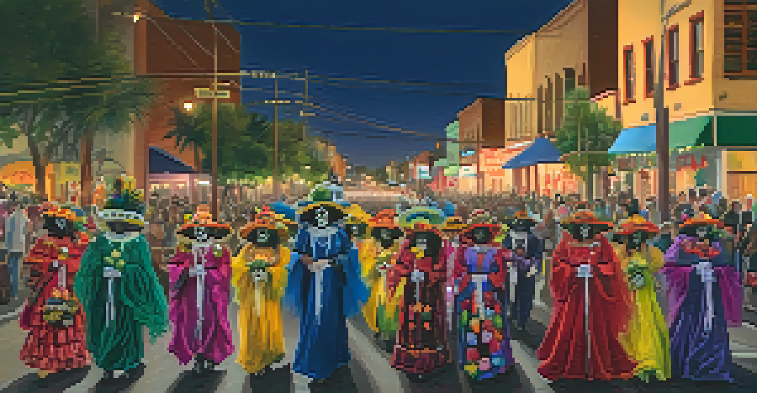 Participants in the All Souls Procession wearing colorful costumes and flowers, walking in a candlelit street, creating a festive and mystical atmosphere.