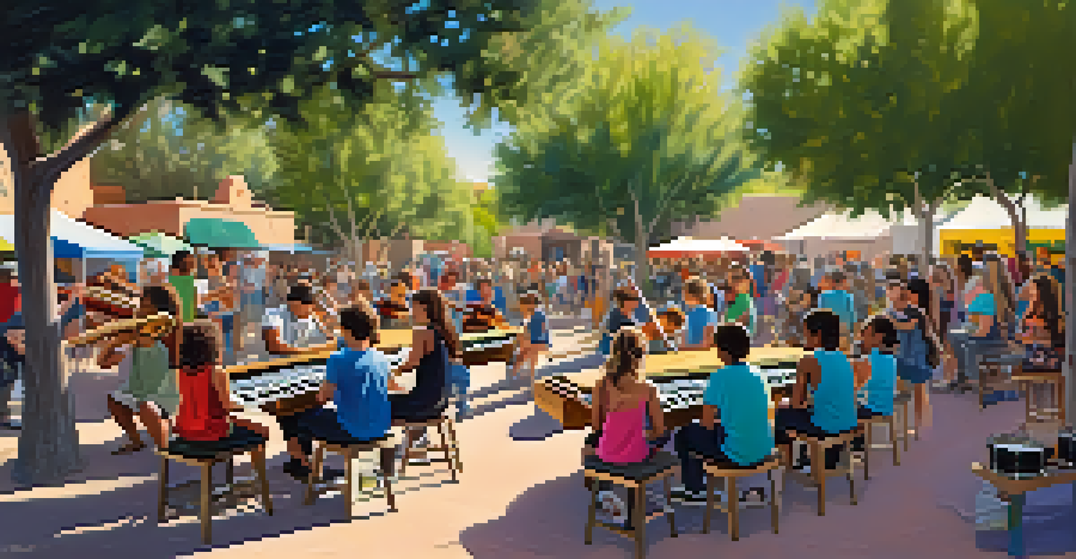 A community workshop at a Tucson music festival with experienced musicians teaching young attendees how to play instruments in a colorful and inviting setting.