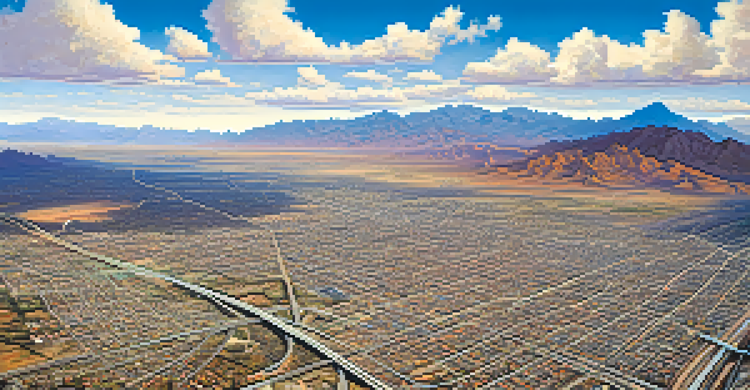 An aerial view of Tucson displaying its highways, railroads, and mountains in the background under a clear blue sky.