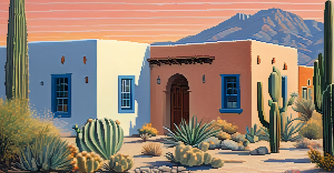 A scenic view of Tucson's historic district featuring adobe buildings and modern architecture, bathed in warm sunlight.