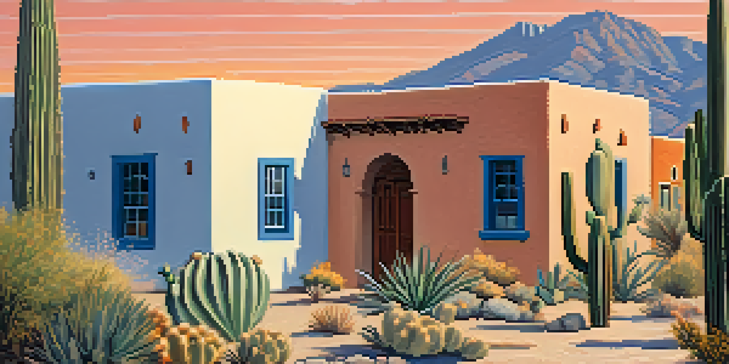 A scenic view of Tucson's historic district featuring adobe buildings and modern architecture, bathed in warm sunlight.