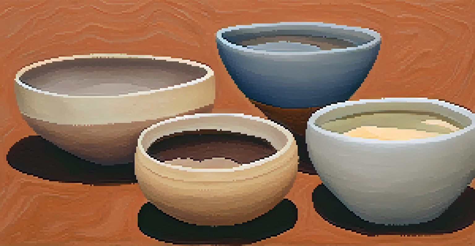 Close-up view of various types of clay in bowls, showing their colors and textures.