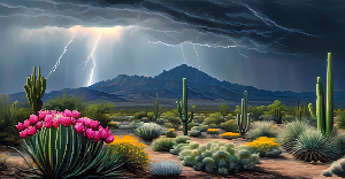 A desert landscape in Tucson under a dark stormy sky, with cacti and wildflowers in the foreground and raindrops forming puddles.