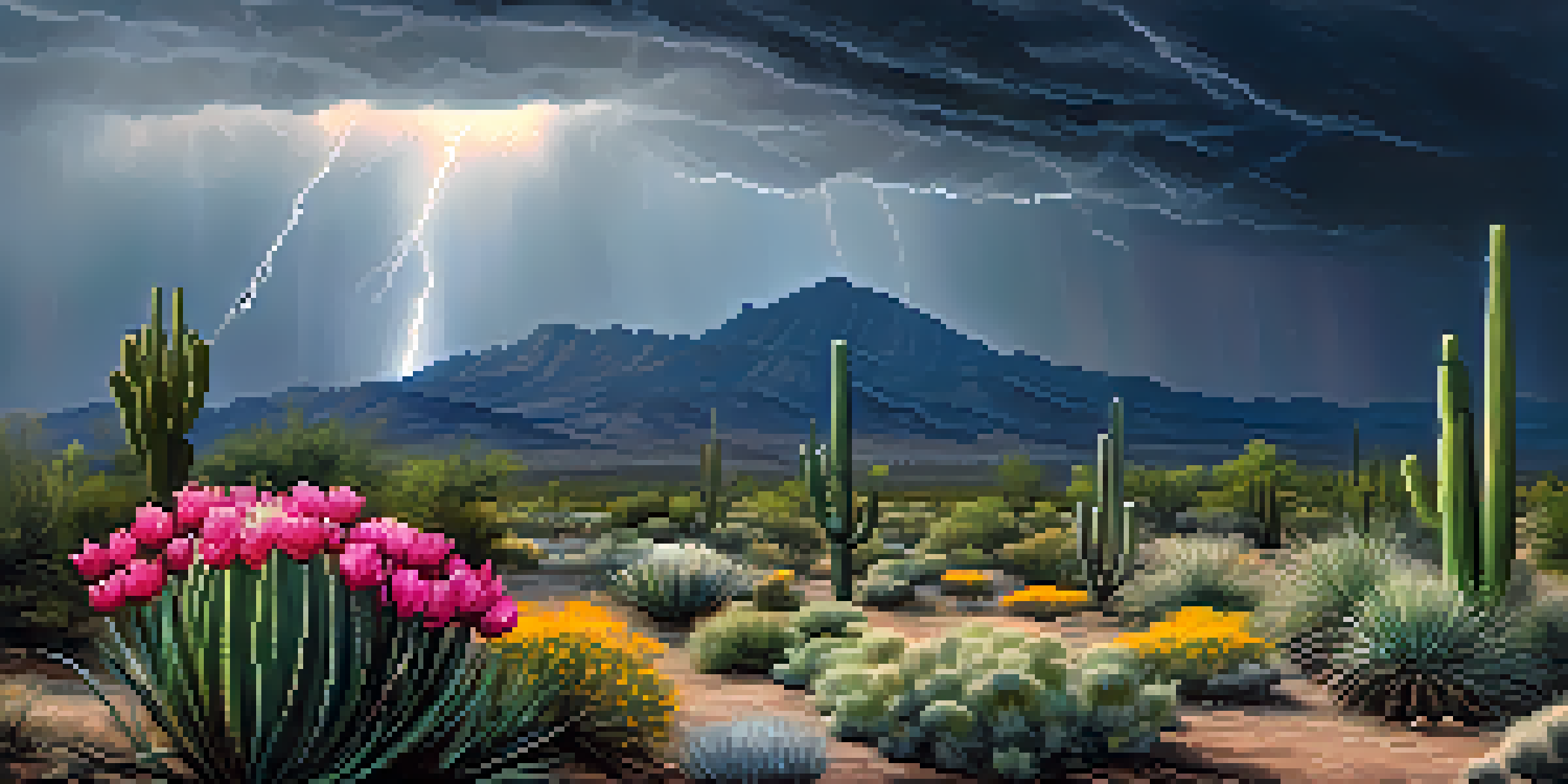 A desert landscape in Tucson under a dark stormy sky, with cacti and wildflowers in the foreground and raindrops forming puddles.
