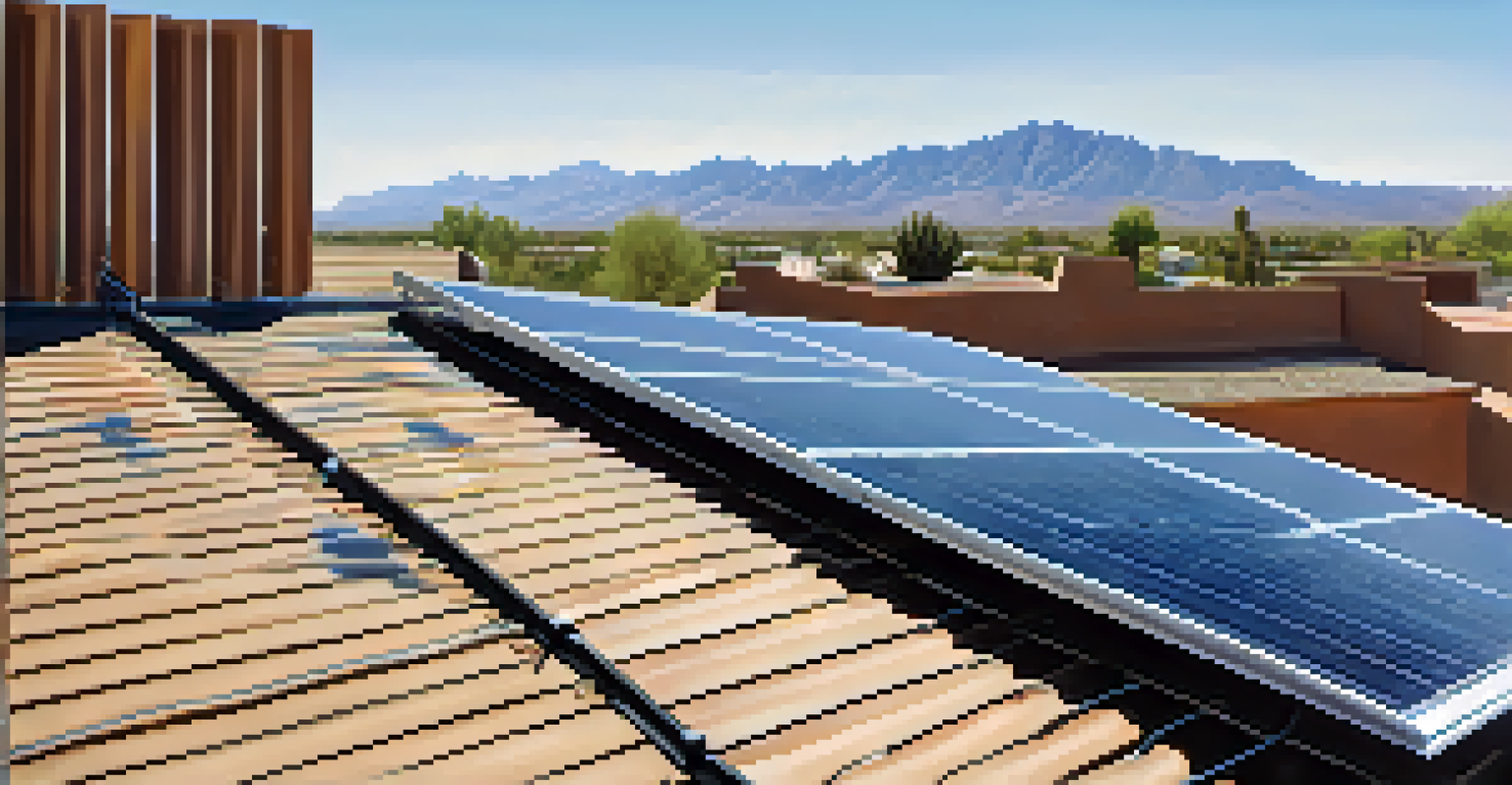 Close-up of a solar panel on a rooftop in Tucson, Arizona with mountains and clear sky in the background.