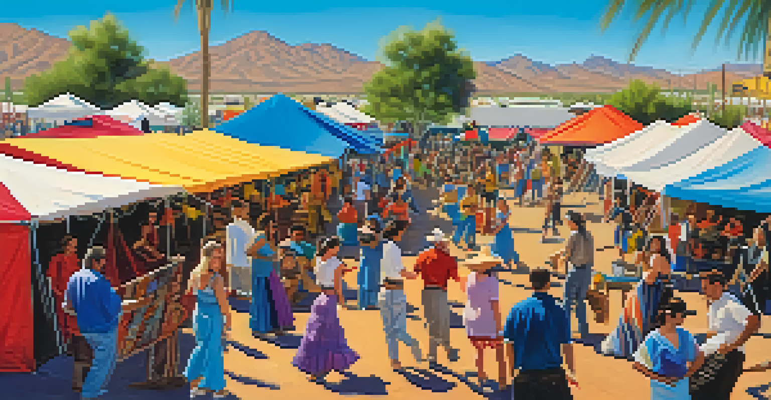 A bustling festival scene in Tucson with people enjoying music and dance, showcasing local art under colorful tents.