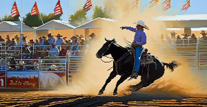 A bull rider competes at the Tucson Rodeo, surrounded by cheering spectators under a warm sunset glow.