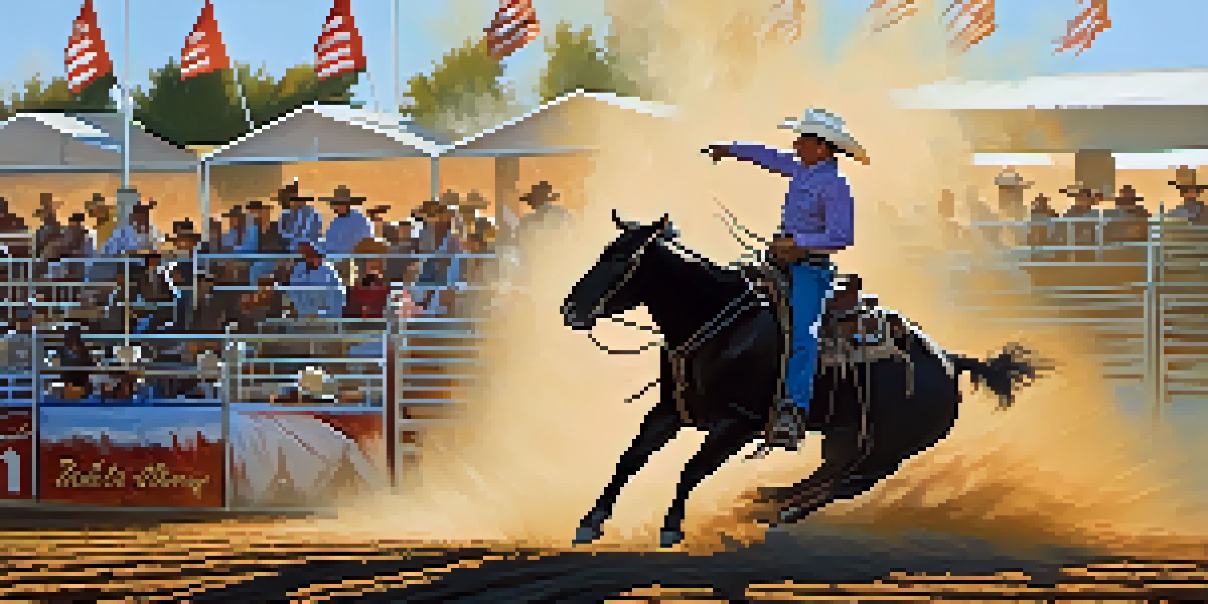 A bull rider competes at the Tucson Rodeo, surrounded by cheering spectators under a warm sunset glow.