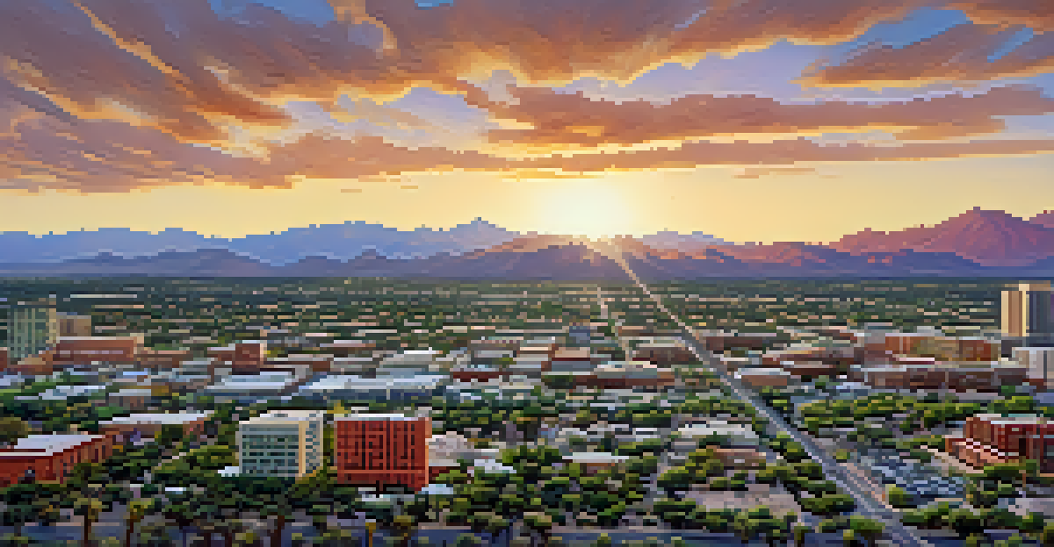 Aerial view of Tucson's skyline and desert landscape at sunset, illustrating urban development amidst natural beauty.