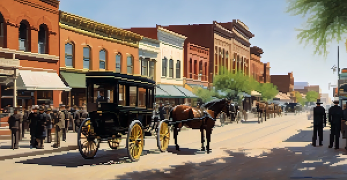 A historical view of Tucson in the early 1900s, featuring horse-drawn carriages and early architecture, with public health officials interacting with residents under a warm sunlight.