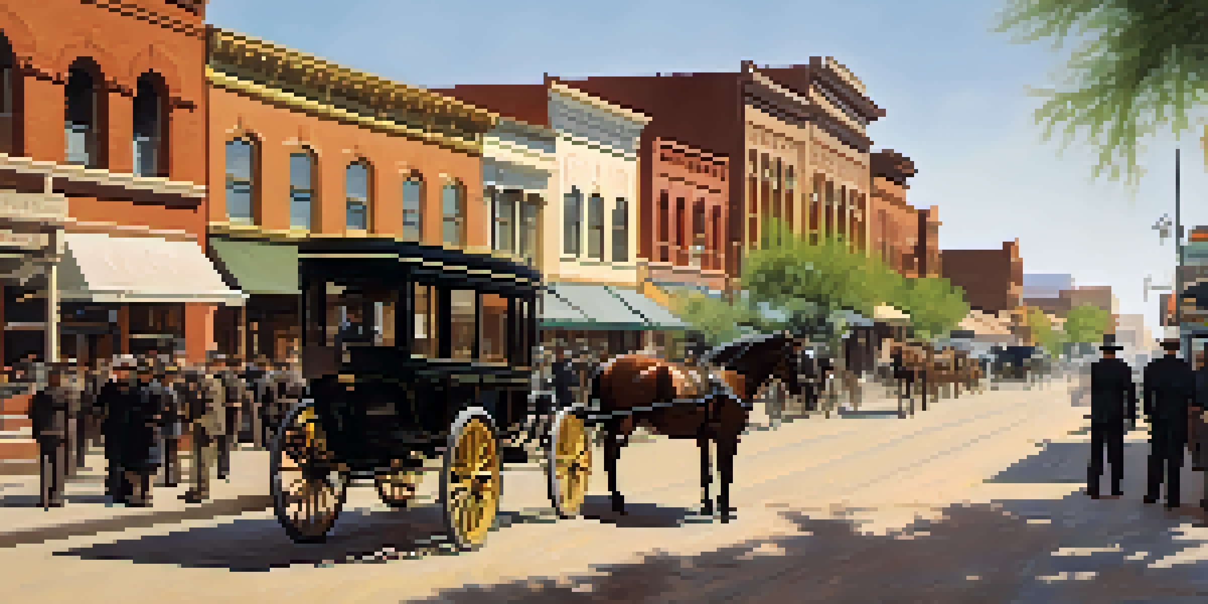 A historical view of Tucson in the early 1900s, featuring horse-drawn carriages and early architecture, with public health officials interacting with residents under a warm sunlight.