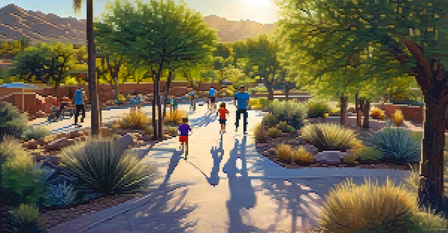 An aerial view of the Rillito River Park trail with families engaged in outdoor activities amidst lush landscapes.