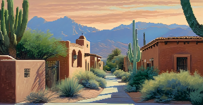 A street view in Tucson featuring adobe homes and Spanish colonial architecture under a warm sunset.
