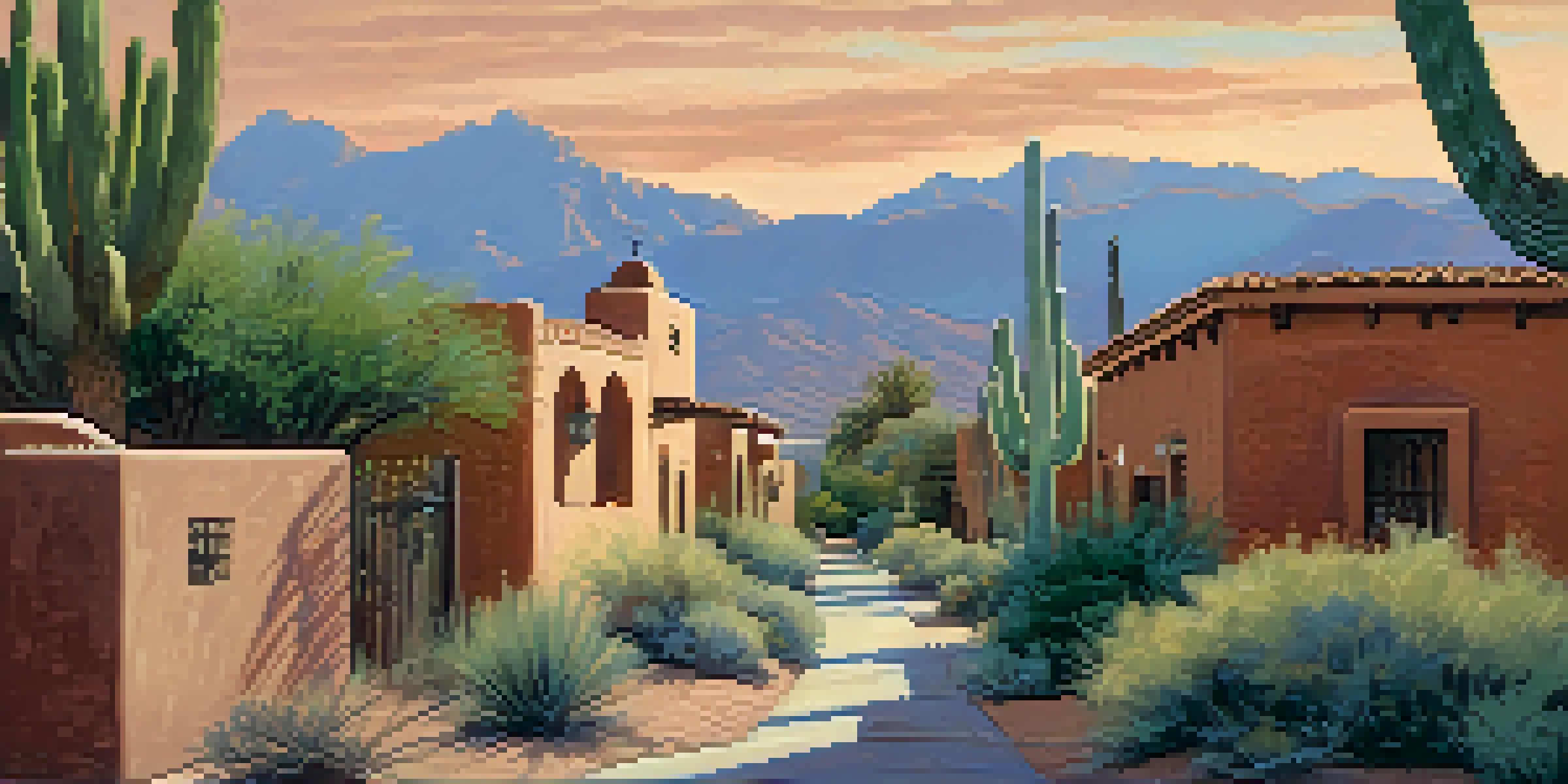 A street view in Tucson featuring adobe homes and Spanish colonial architecture under a warm sunset.