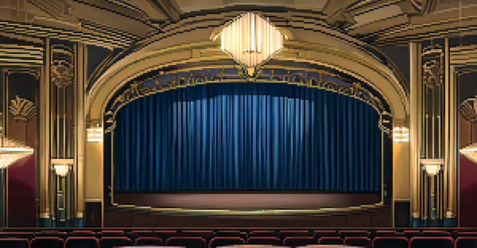 The interior of an Art Deco theatre with plush seats and ornate designs, illuminated by vintage chandeliers in rich blue and gold colors.