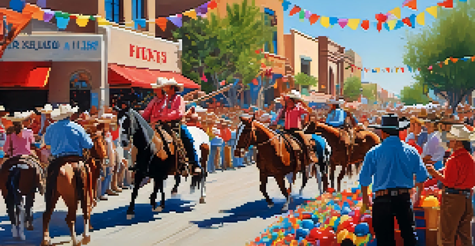 A bustling parade featuring colorful floats and participants in cowboy attire, with a lively crowd and a clear blue sky.