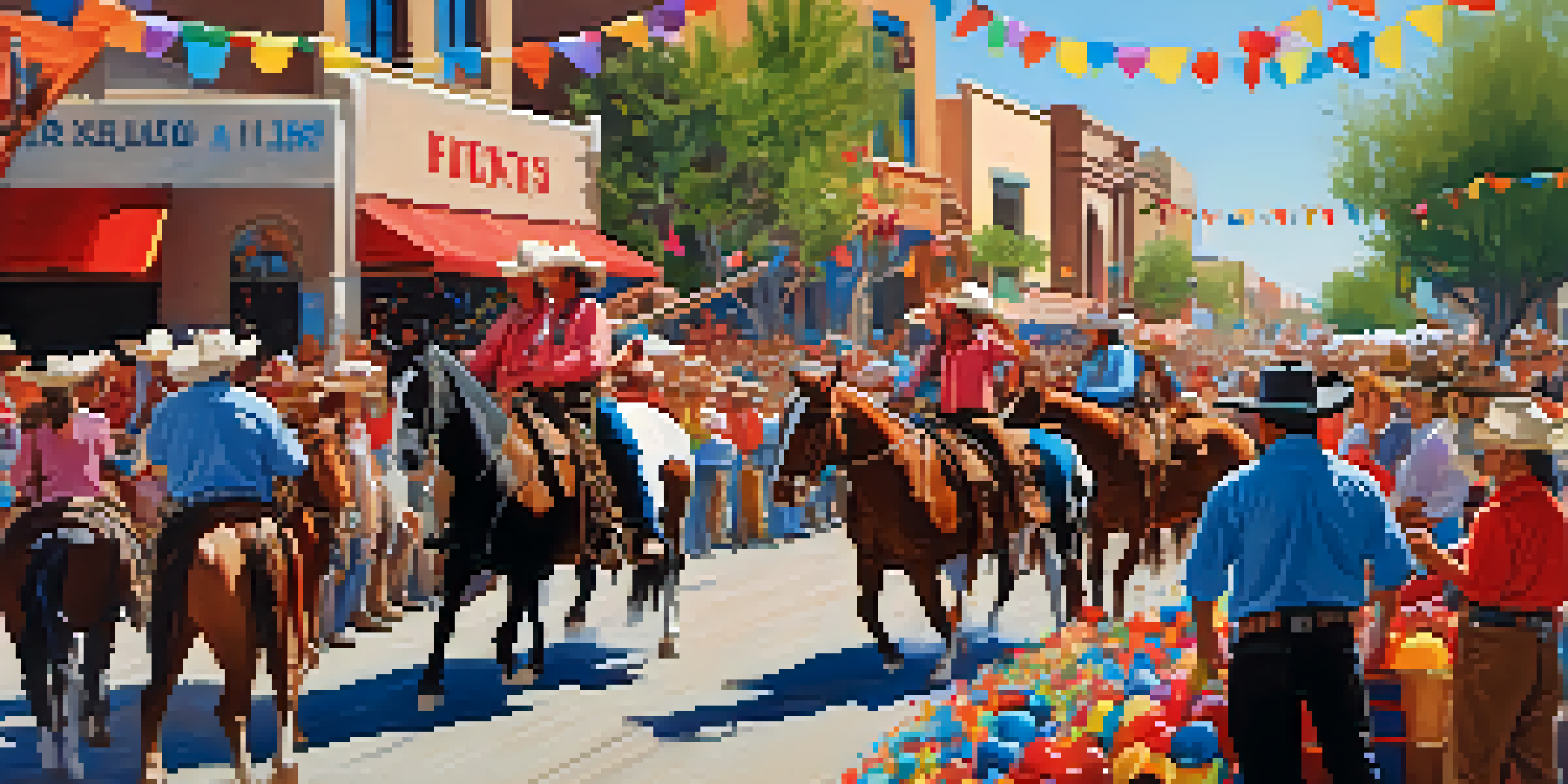 A bustling parade featuring colorful floats and participants in cowboy attire, with a lively crowd and a clear blue sky.