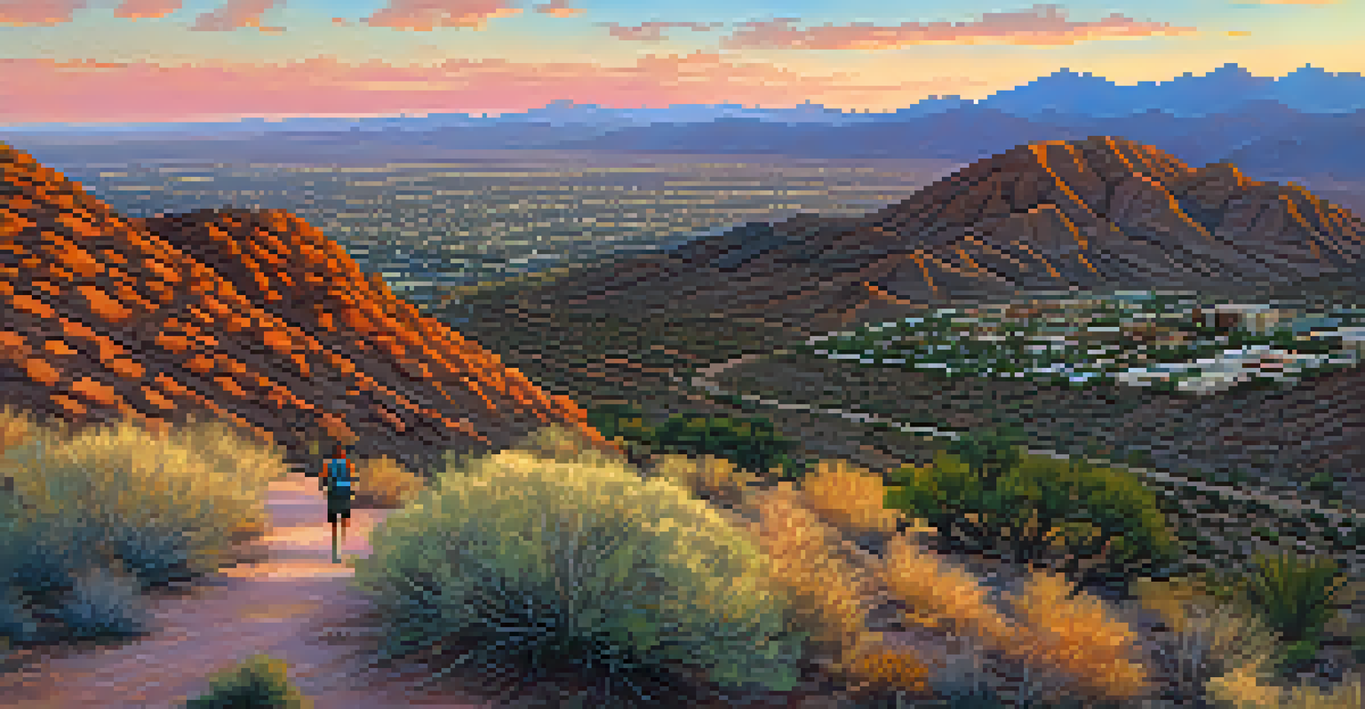 Aerial view of Tumamoc Hill at sunrise with a winding trail and hikers, overlooking Tucson.