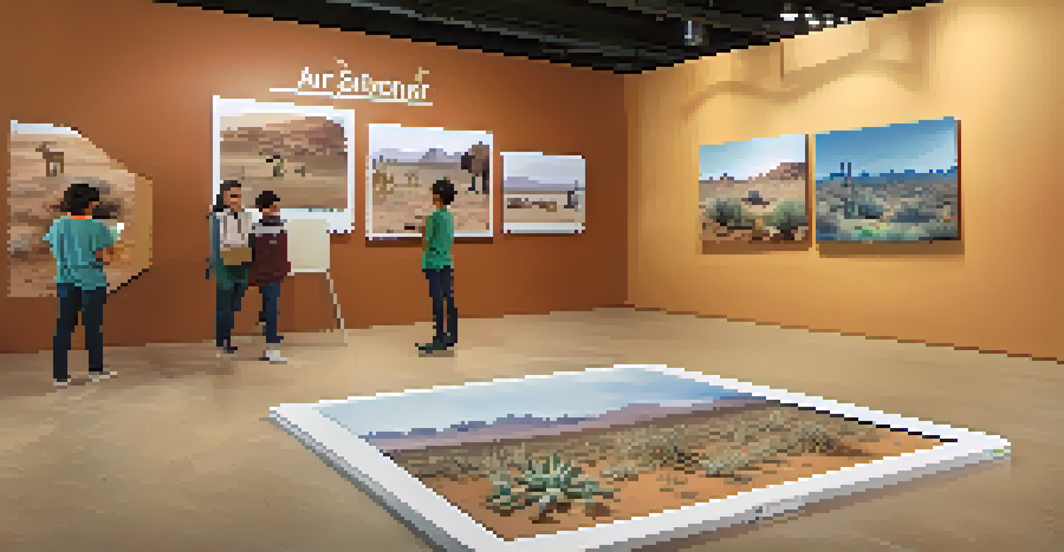 People using augmented reality to learn about a desert ecosystem in an educational setting.