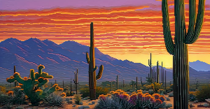 A sunset view of a Tucson desert landscape with saguaro cacti, showcasing a cactus ferruginous pygmy owl perched on a cactus.