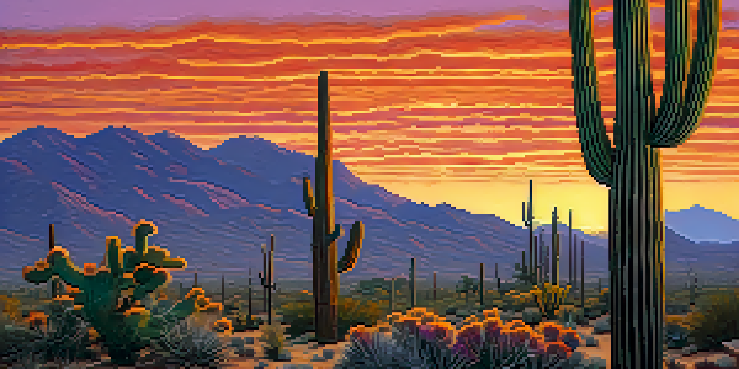 A sunset view of a Tucson desert landscape with saguaro cacti, showcasing a cactus ferruginous pygmy owl perched on a cactus.