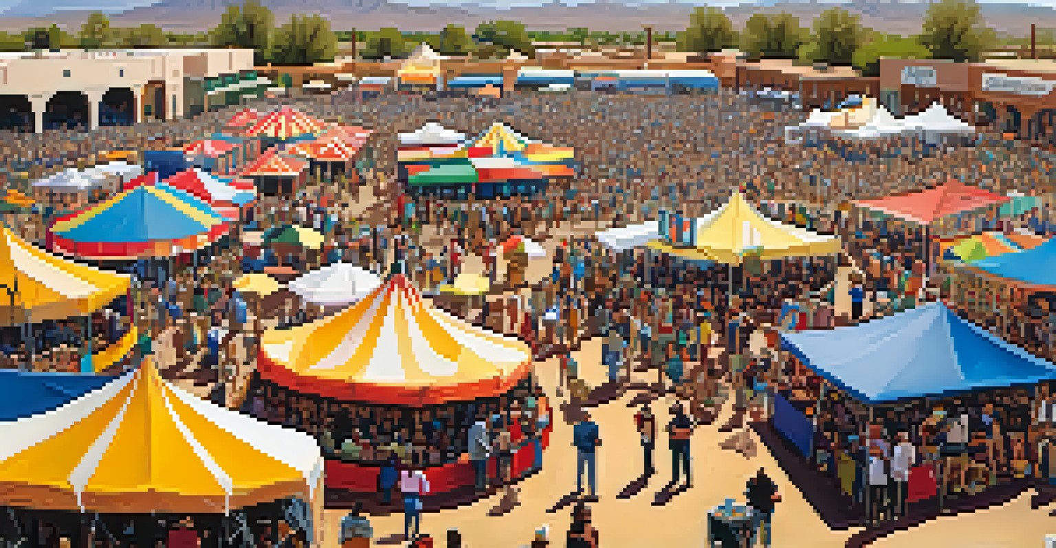 Aerial view of a vibrant cultural festival with a diverse crowd, food stalls, and stages, set in a desert landscape.
