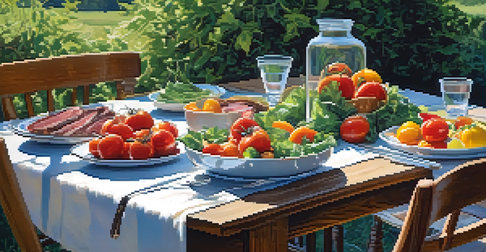 An outdoor dining setup featuring a wooden table filled with fresh dishes made from local produce under a blue sky.