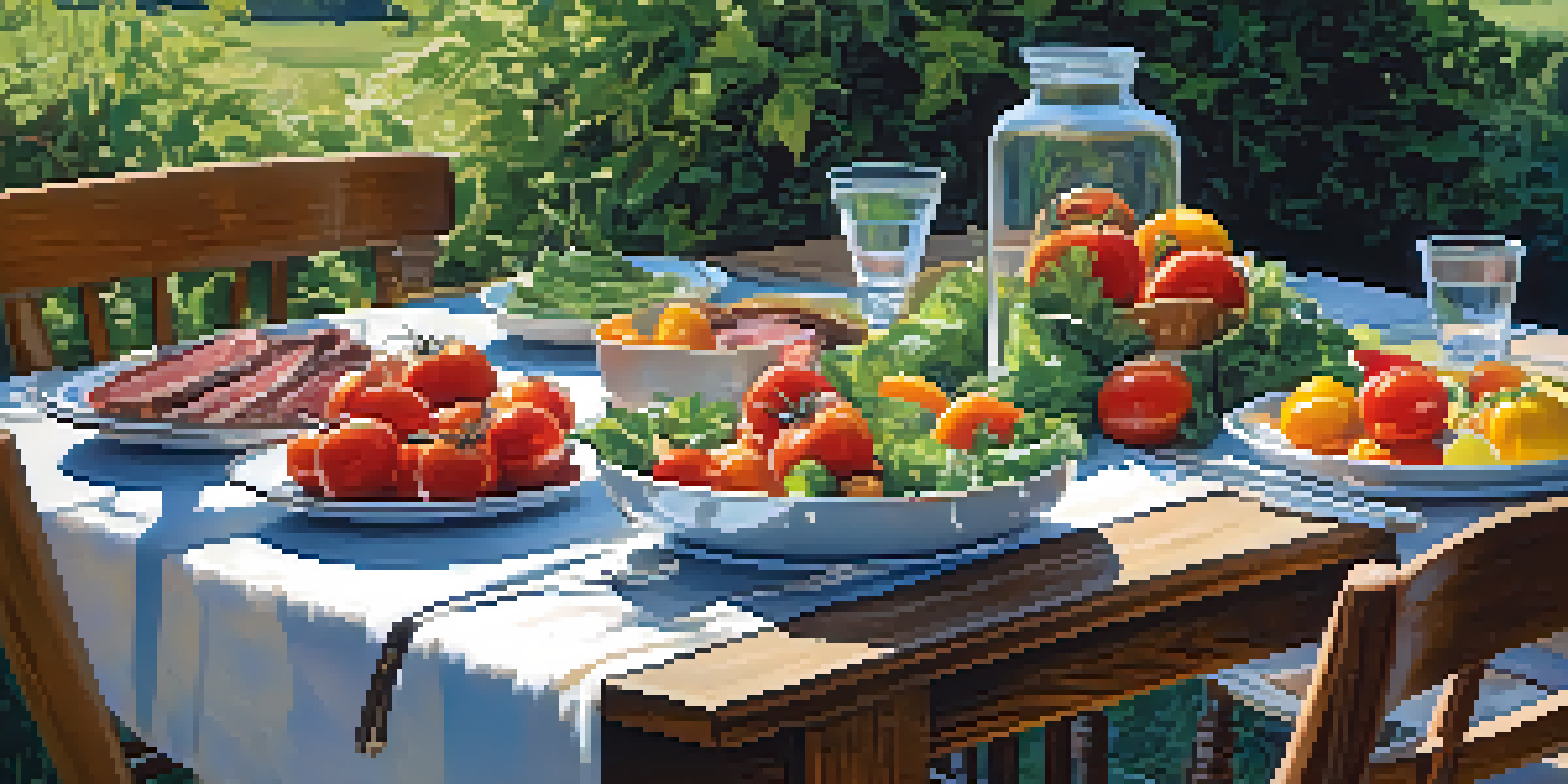 An outdoor dining setup featuring a wooden table filled with fresh dishes made from local produce under a blue sky.