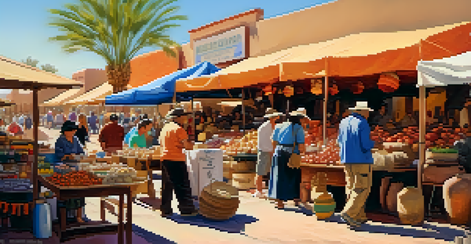 A bustling outdoor market in Tucson with local artisans selling handmade crafts and pottery under bright sunlight.