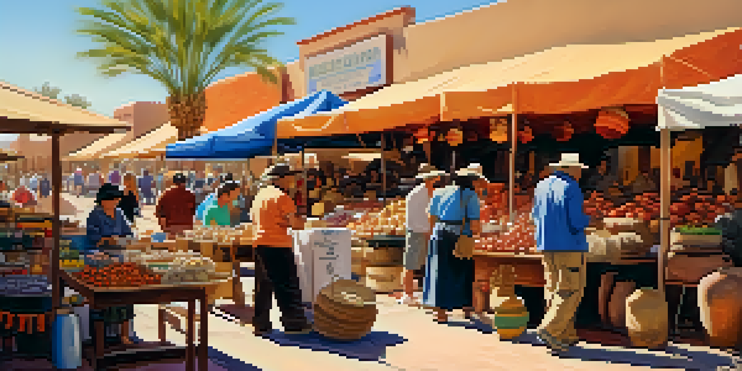 A bustling outdoor market in Tucson with local artisans selling handmade crafts and pottery under bright sunlight.
