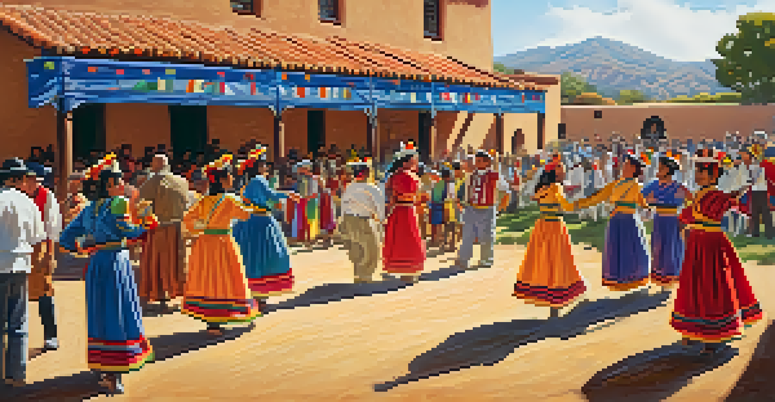 A cultural festival at the Presidio San Agustín, featuring dancers in traditional costumes against the backdrop of historic adobe architecture.