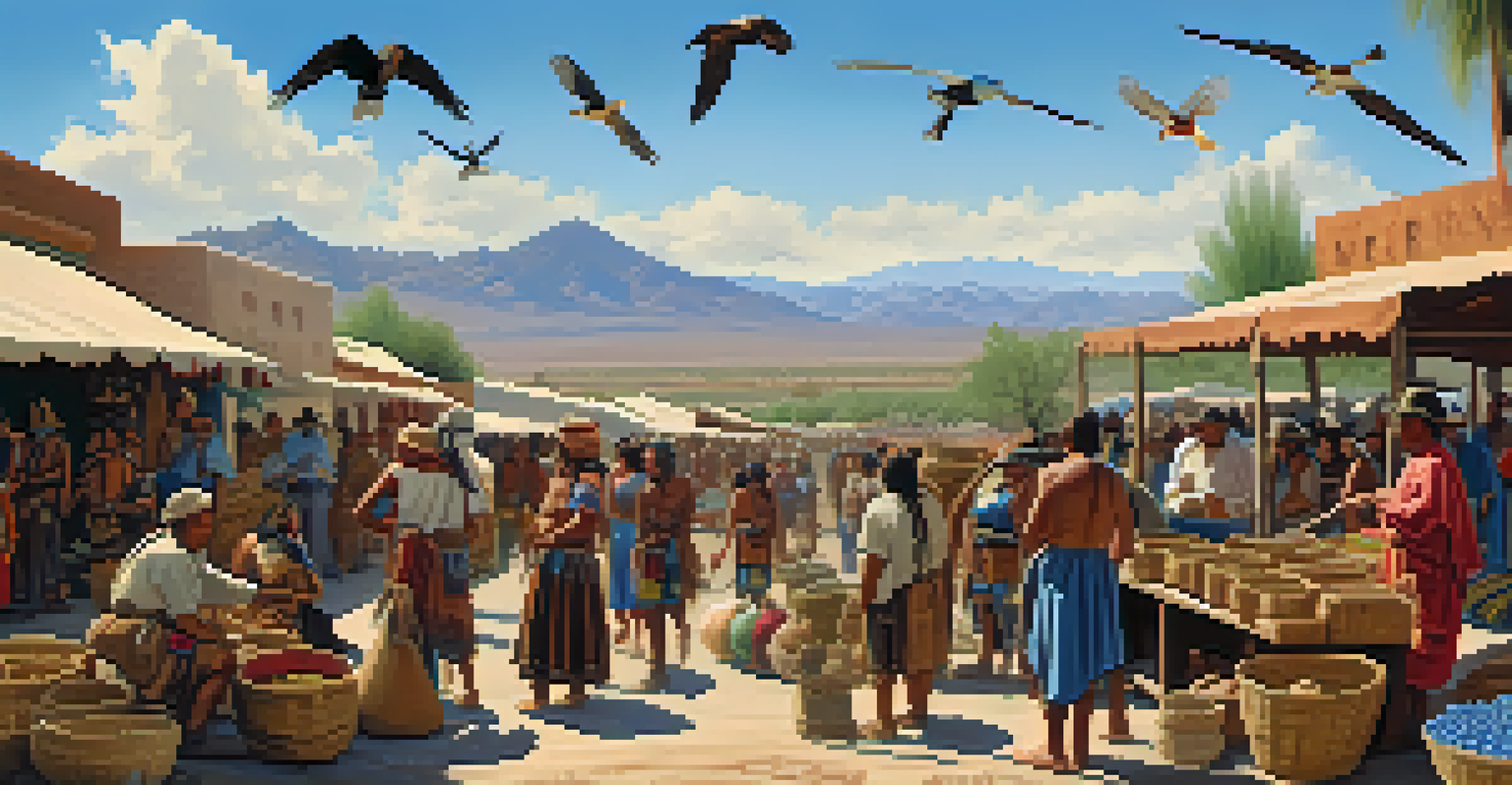 Historical depiction of a trade scene in Tucson with Native American tribes exchanging goods near the Santa Cruz River.