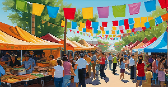 A lively taco festival in Tucson featuring colorful food stalls, people enjoying tacos, mariachi musicians, and decorative banners in a sunny outdoor setting.