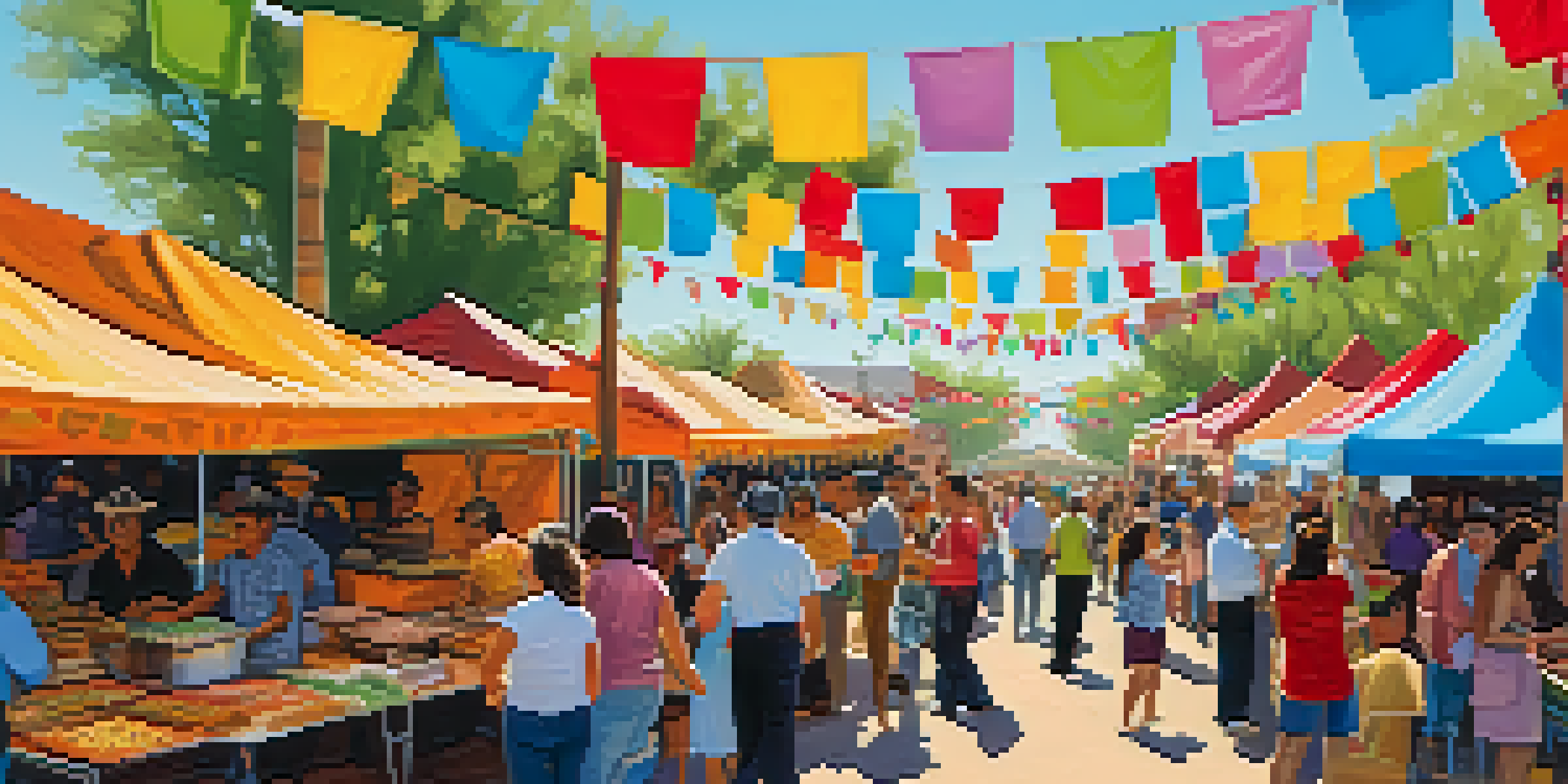 A lively taco festival in Tucson featuring colorful food stalls, people enjoying tacos, mariachi musicians, and decorative banners in a sunny outdoor setting.