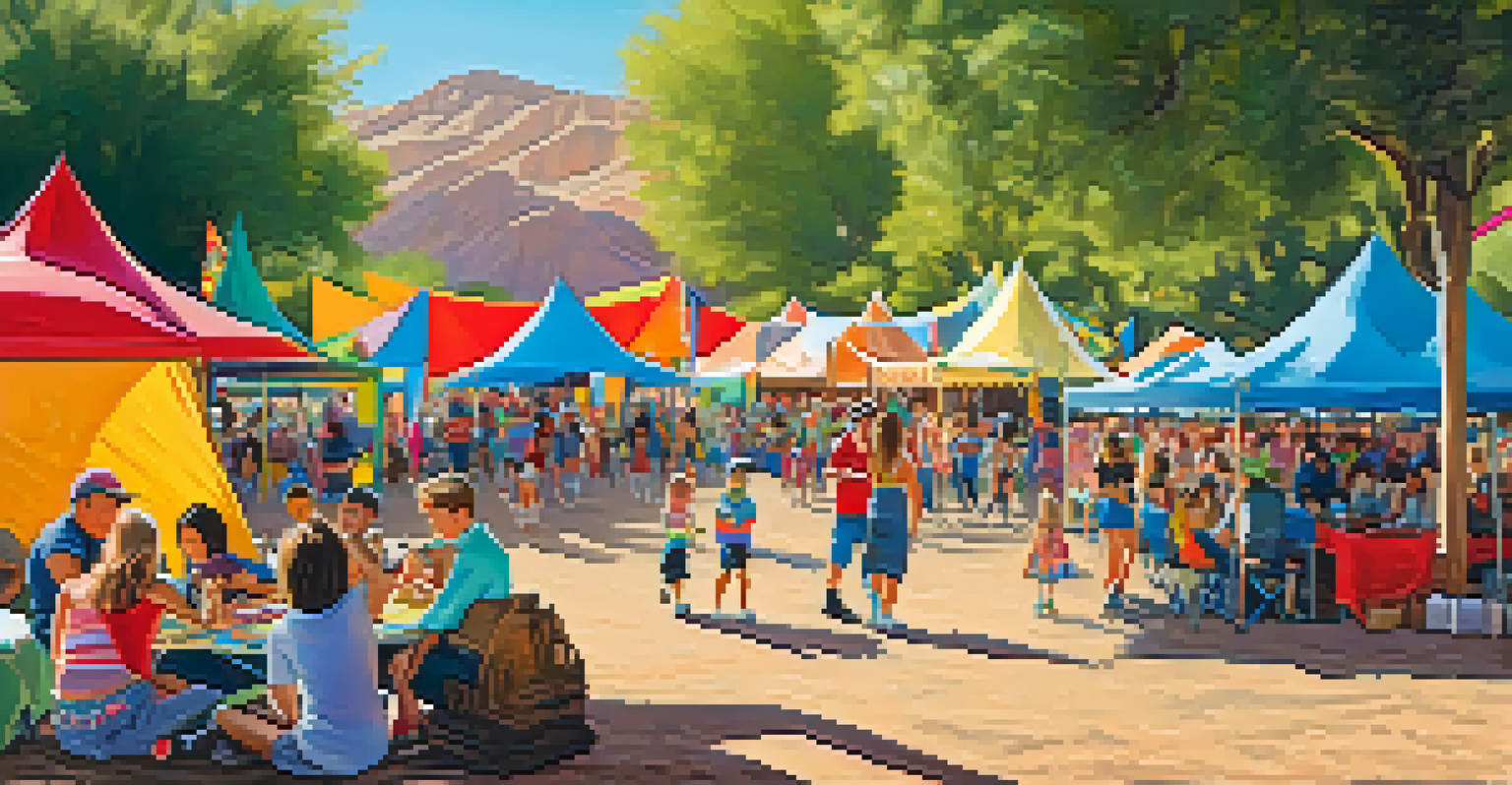 Families enjoying a Tucson music festival with children engaged in crafts and a band performing in the background.