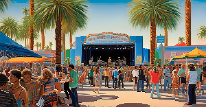 A lively outdoor music festival in Tucson with crowds enjoying live music, local musicians performing, and colorful decorations.